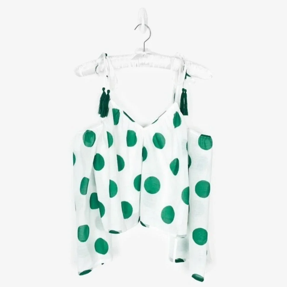 Line & Dot Green Polka‎ Dot Top Size XS White Green Cold Shoulder Flowy Summer